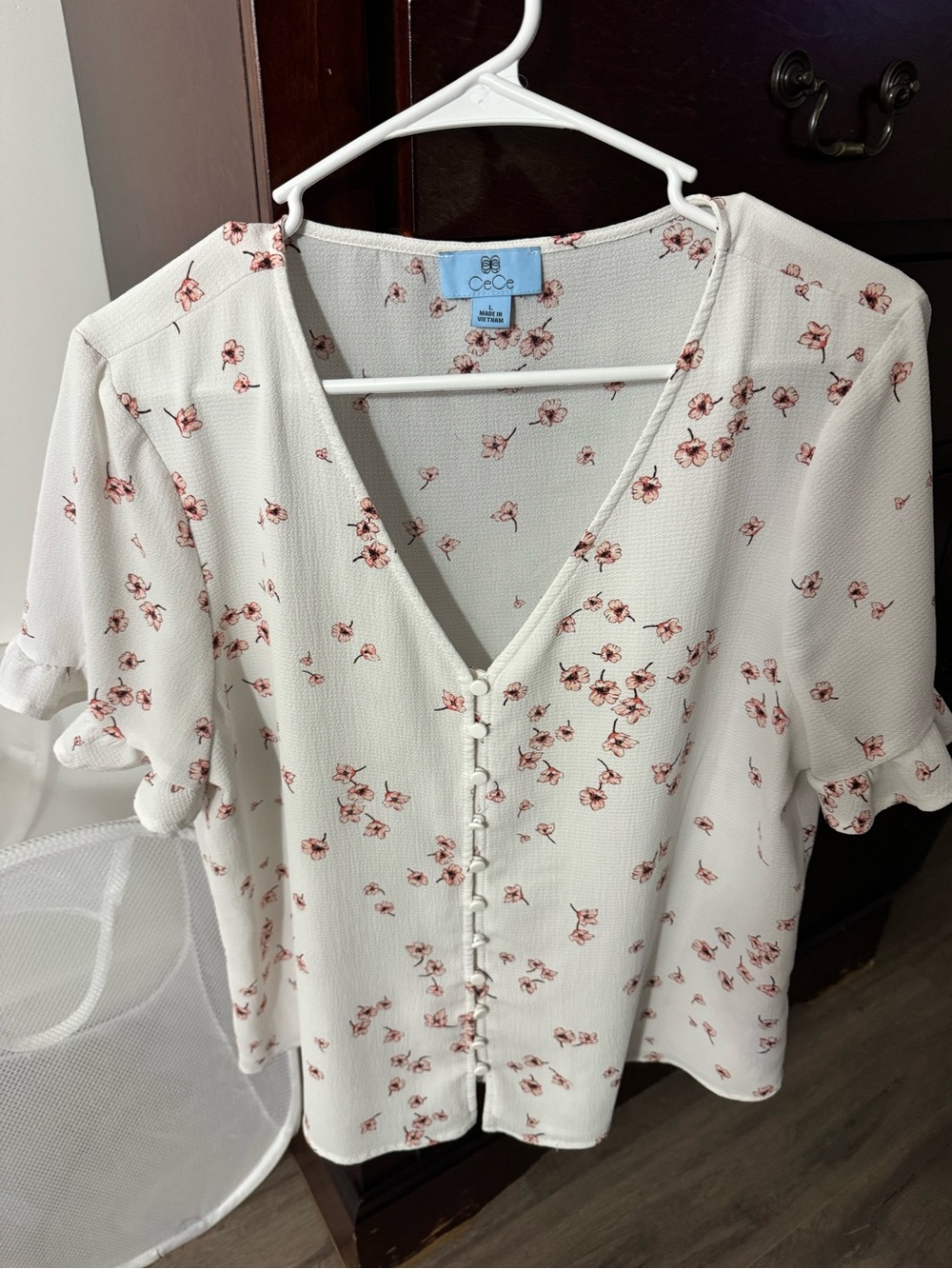 CeCe Cream V-Neck Blouse with Pink Floral Print